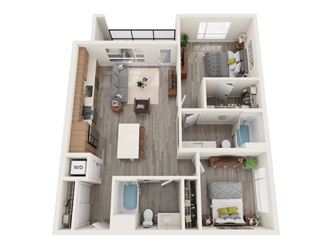 A top-down view of a small apartment with a kitchen, living room, and bathroom.